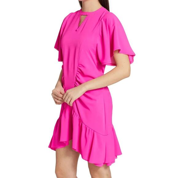 Le Superbe Waikiki Ruched Ruffle Mini Dress Keyhole Neck Flutter Sleeve Pink 2 - Picture 2 of 16